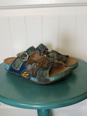 L'ARTISTE Spring Step Teal Floral Appliqué Slide Sandals w/metal Buckle EUR 36